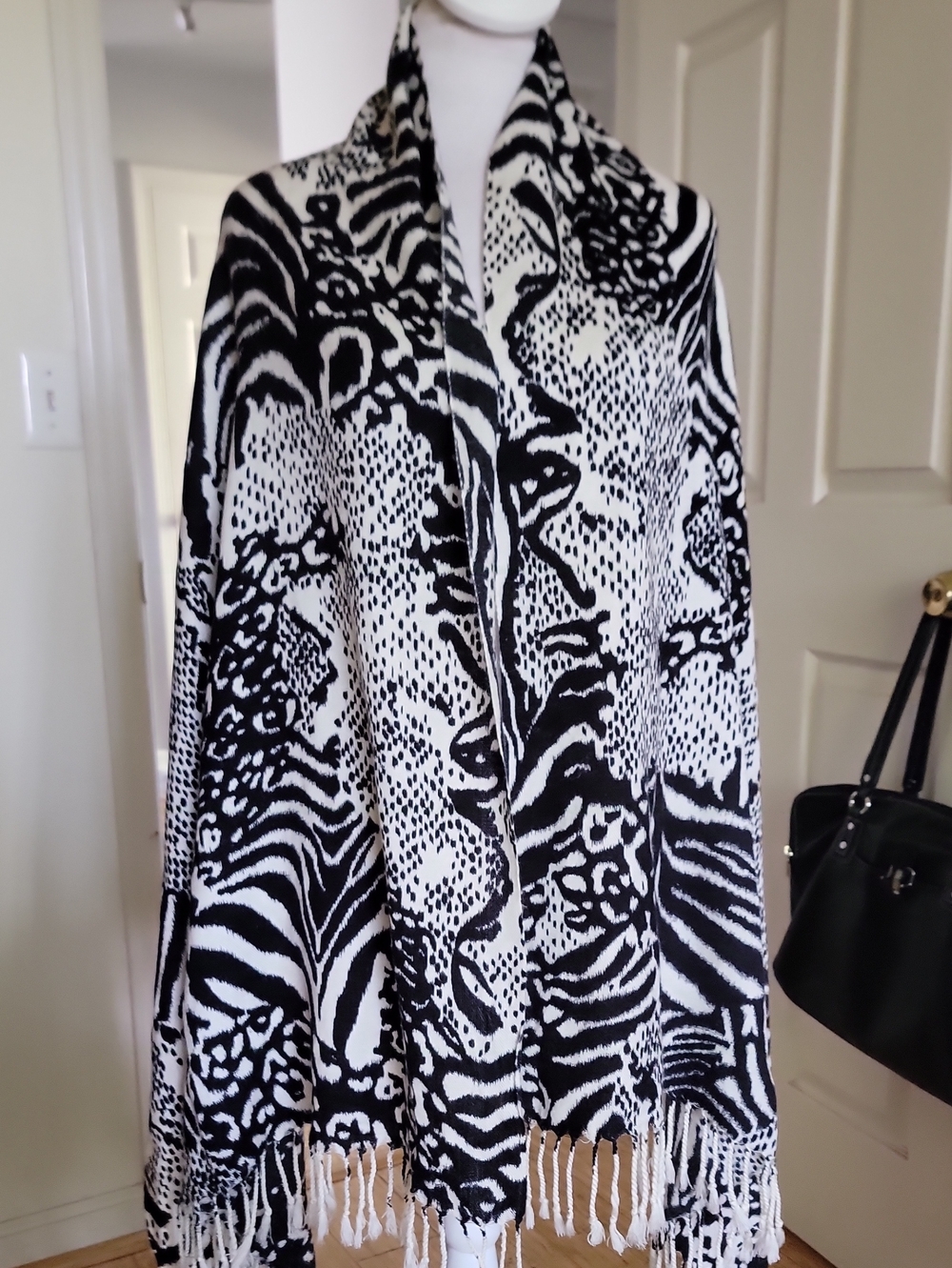 Black & White Animal Print Fringe Shawl